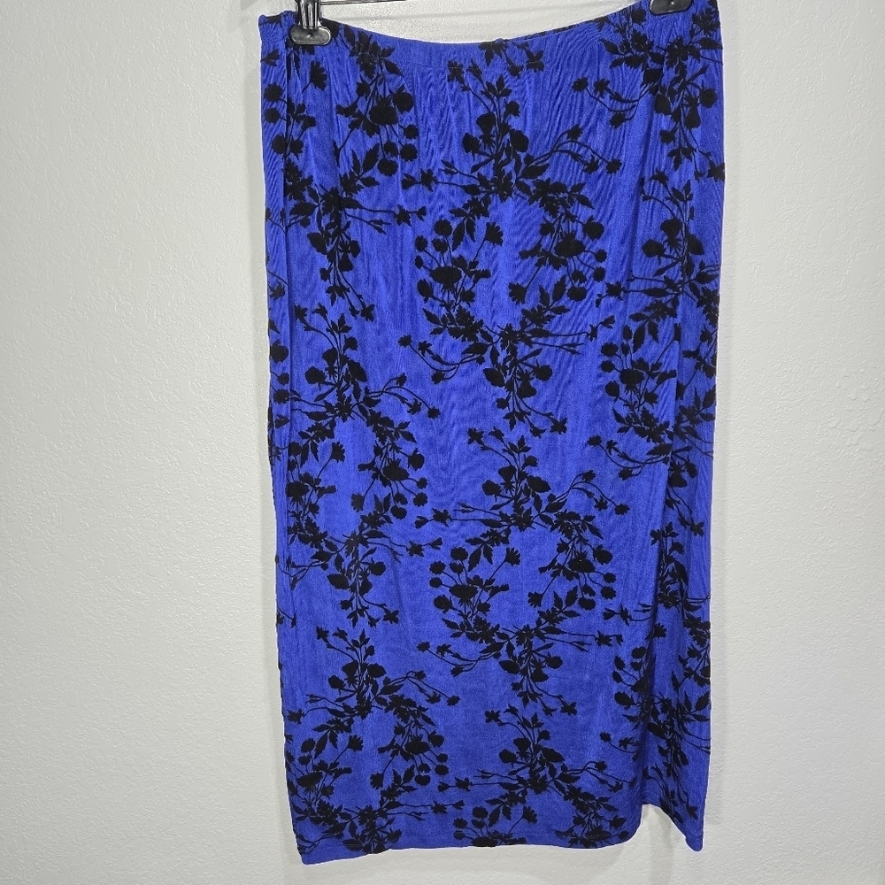 Citiknits 1X Blue Black Velvet Floral Slinky Skirt 90s Y2K Vintage